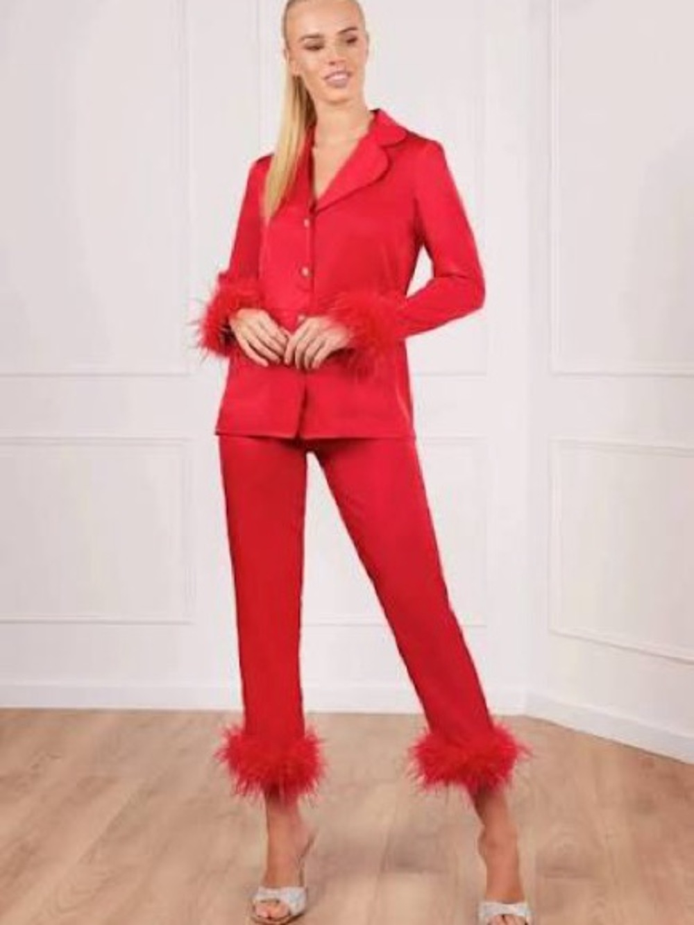 NADINE MERABI Red Feather-Trim Satin Pajama Set